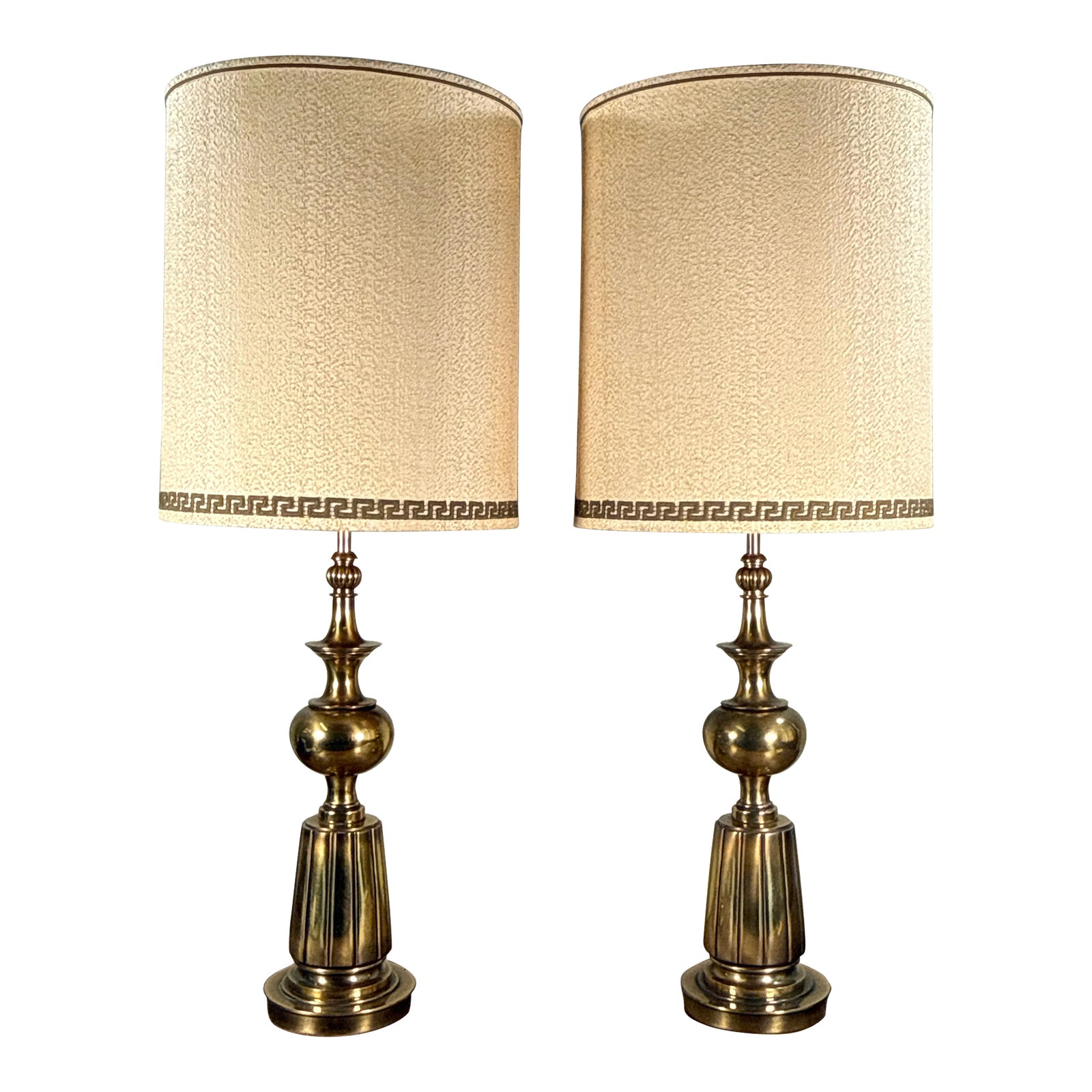 Stiffel Style Hollywood Regency Brass Table Lamps With Greek Key Shades - A Pair