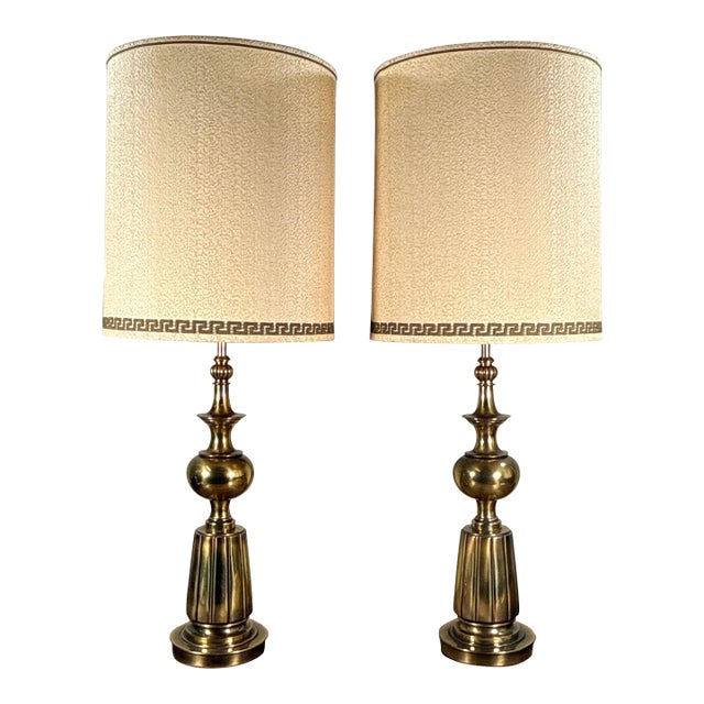 Stiffel Style Hollywood Regency Brass Table Lamps With Greek Key Shades - A Pair For Sale