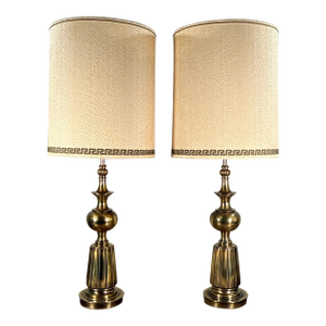 Stiffel Style Hollywood Regency Brass Table Lamps With Greek Key Shades - A Pair