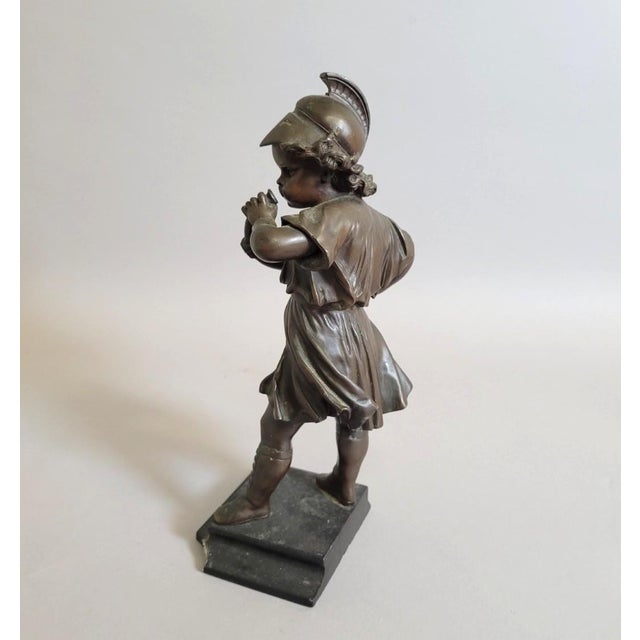Grand Tour Revival Bronze Boy With Horn on Marble Base For Sale - Image 9 of 9