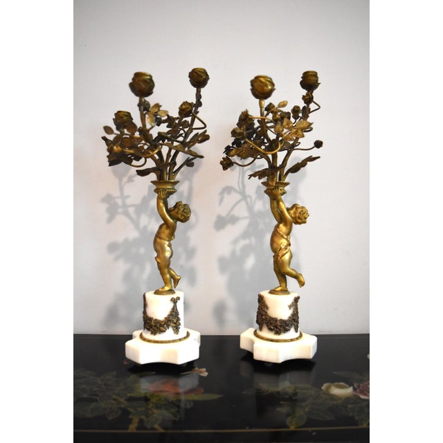 Bronze French 19Th Century Louis XVI Style Gilt and Bronze Mounted Cherub Candelabras on White Marble Stands For Sale - Image 8 of 17