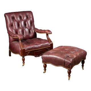 Vintage Humidor Armchair and Rolling Ottoman Set in Burgundy For Sale