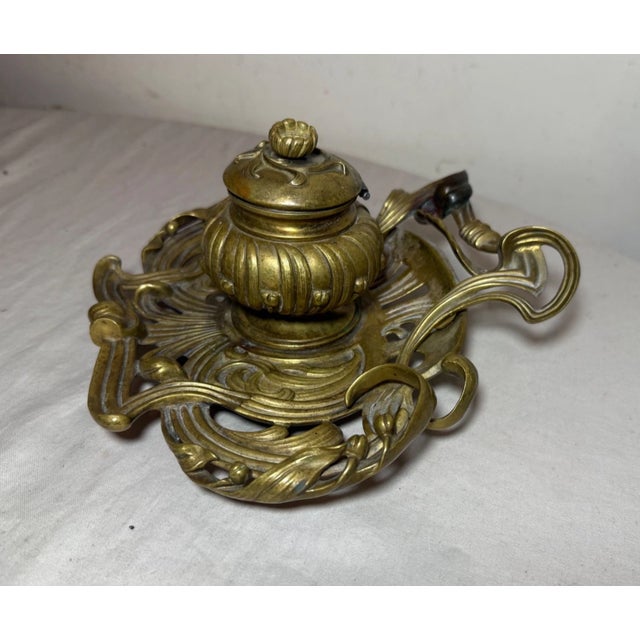 Metal Antique Ornate 19th Century Art Nouveau Gilt Bronze Brass Desk Inkwell Stand Jar For Sale - Image 7 of 15