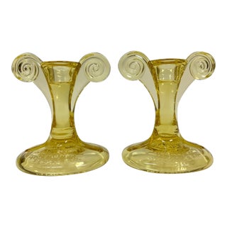 Fostoria June Topaz Yellow, Pair of Tall Single Light Candlesticks, 1929-1936 For Sale