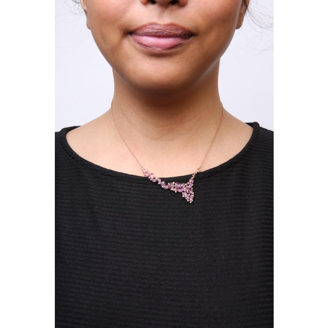 18K Rose Gold 1/2 Cttw Brown Diamond and Multi-Size Oval Pink Sapphire Cluster Cascade Statement Station Necklace - Adjustable up to 14" to 16" For Sale - Image 4 of 5
