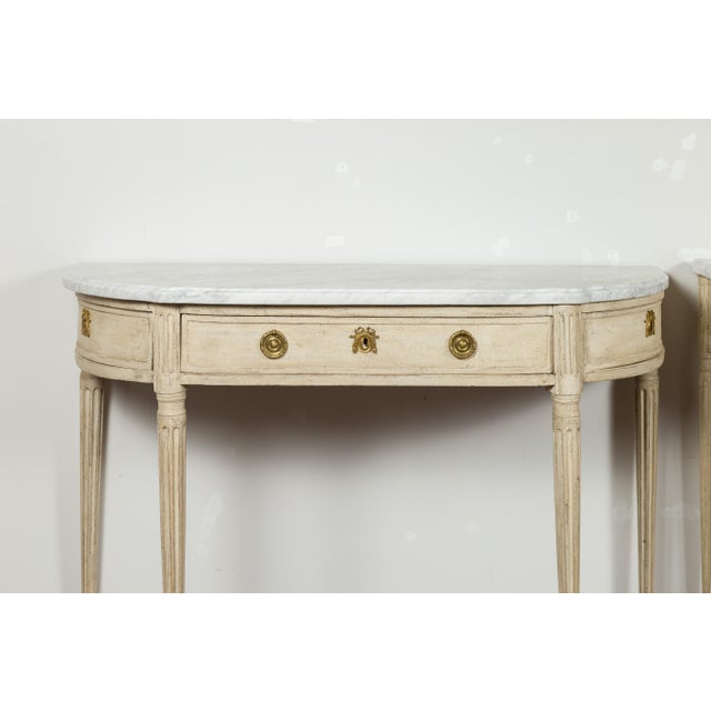 Wood Pair of French 19th Century Neoclassical Style Demilune Tables with Marble Tops For Sale - Image 7 of 12