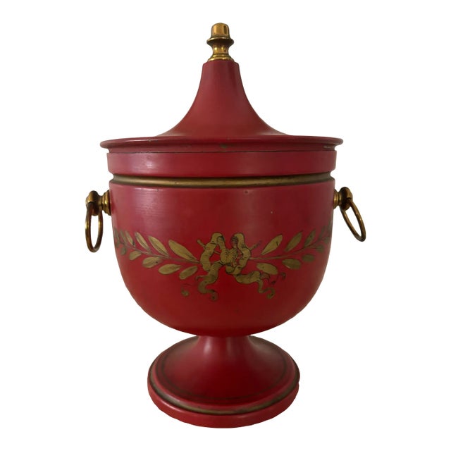 Mid Century French Scarlet and Gold Tole Covered Urn Ice Bucket For Sale