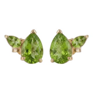 Green Peridot Stud Earrings | 925 Silver Gemstone Dual Studs | Elegant Everyday Earrings | Gift for Her - A Pair For Sale