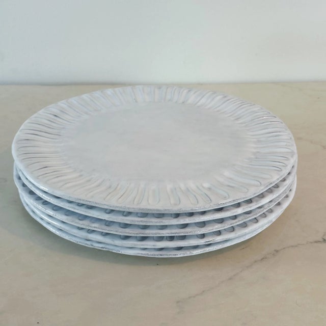 VIETRI Vintage Vietri Italy Ceramic Round Sun-Burst Large Dinner Plates in Antique White, Set of Five For Sale - Image 4 of 6