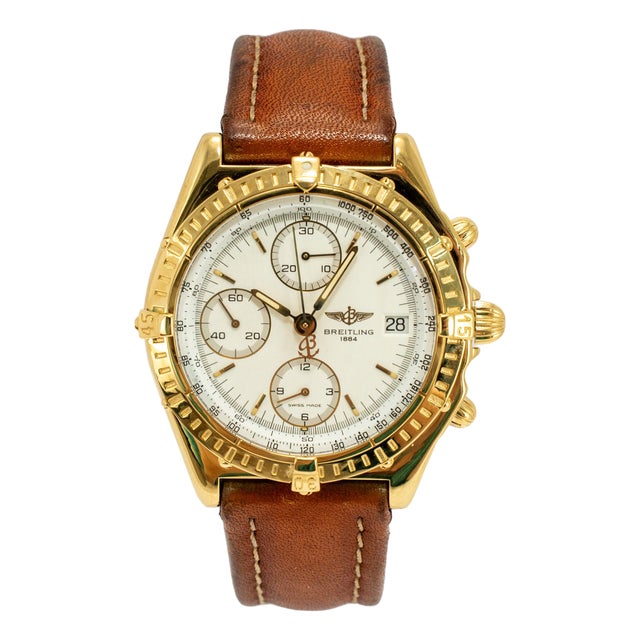 Breitling Chronomat 40mm K13048 18k Yellow Gold Brown White Chronograph Watch For Sale