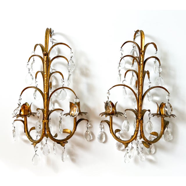 Pair of Vintage Italian Gold Gilt Tole Wall Sconces With Crystal Prisms – Hollywood Regency / Florentine For Sale - Image 9 of 9