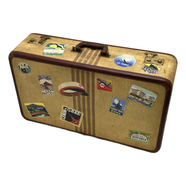 Vintage 1940s Travel Size Tweed Suitcase With Nice Assortment of World Grand Tour Locations Paper Labels For Sale