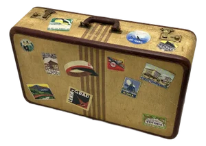 Vintage 1940s Travel Size Tweed Suitcase With Nice Assortment of World Grand Tour Locations Paper Labels