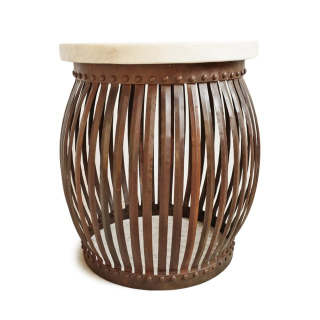 White Marble Iron Strap Barrel Side Table | Chairish