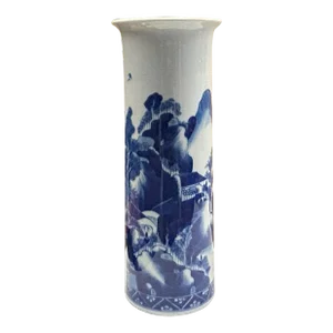 Blue White Oriental Scenery Graphic Cylinder Shape Porcelain Art Vase