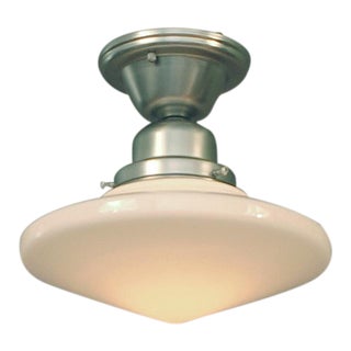 Small "Schoolhouse" White Glass Flush-Mount Lighting Fixture With Brushed Nickel Fitting For Sale