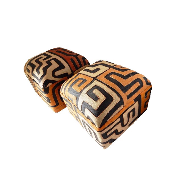 Wood Vintage Custom Made African Upholstered Kuba Textile Ottomans/Footstools, Set of Two For Sale - Image 7 of 8