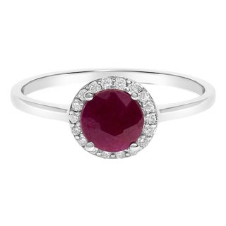 10K White Gold Red Ruby and 1/10 Cttw Diamond Halo Ring For Sale