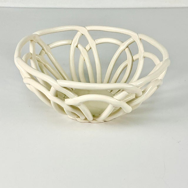Vintage Italian Arts & Crafts Boho Chic Handcrafted Open Weave Studio Pottery Serving Bowl, Ivory For Sale - Image 9 of 11