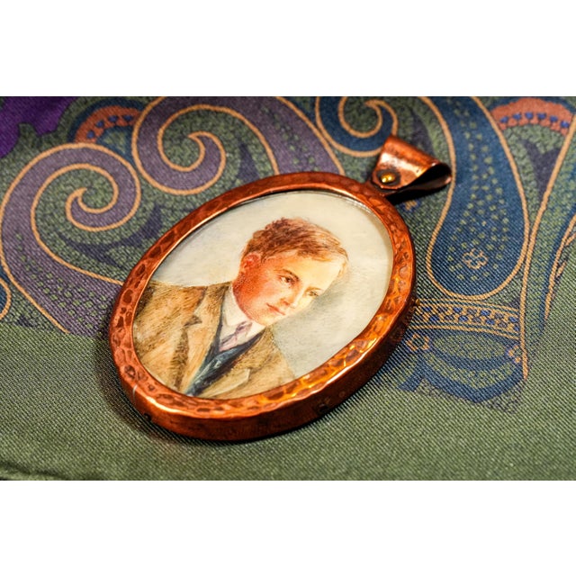 1900 - 1909 Handsome Antique Portrait Miniature Painting of Young Man Arts and Crafts Hammered Copper Frame Home Decor For Sale - Image 5 of 6