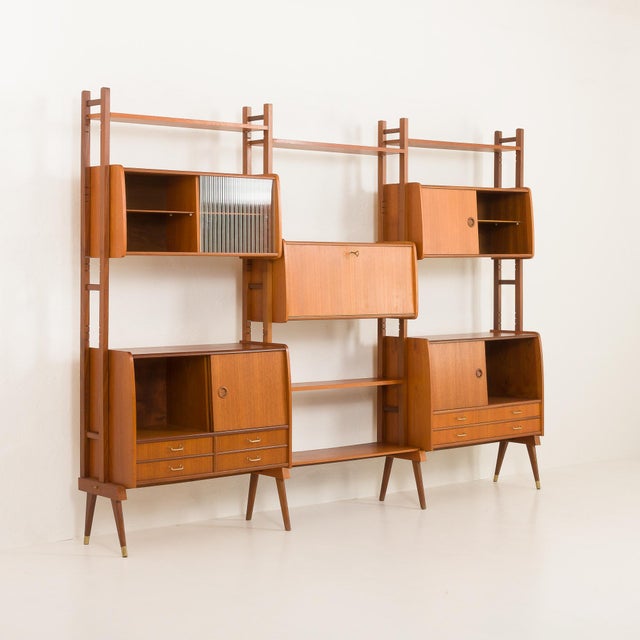 Wood Scandinavian Free-Standing Teak Wall Shelf with 5 Cabinets, Norway, 1960s For Sale - Image 7 of 18
