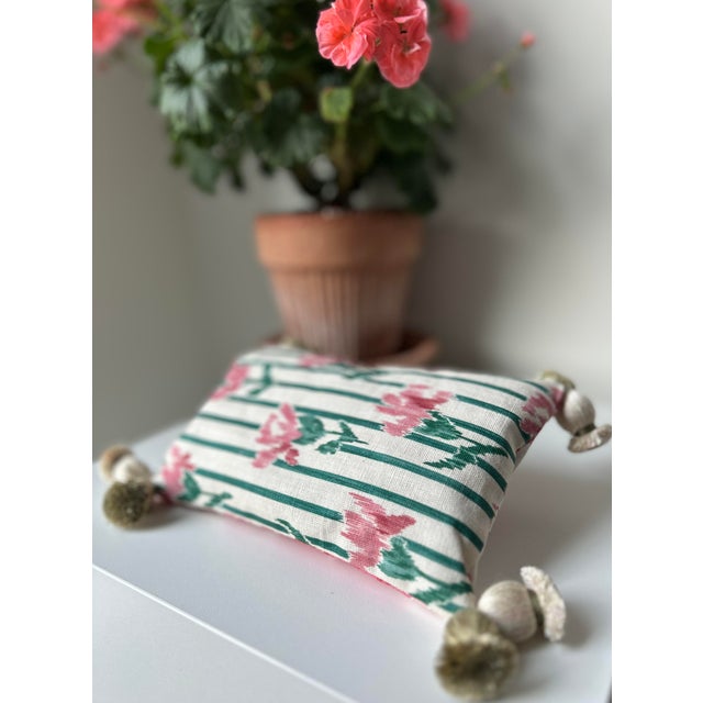 Traditional Lavender Scented Accent Pillow in Carolina Irving Carnation Stripe and Vintage Toile With Samuel & Sons Onion Tassels Onion Tassel Fringe For Sale - Image 3 of 4