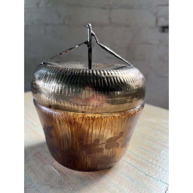 Metal Vintage Apple Amber Glass Bowl With Brass Lid For Sale - Image 7 of 12