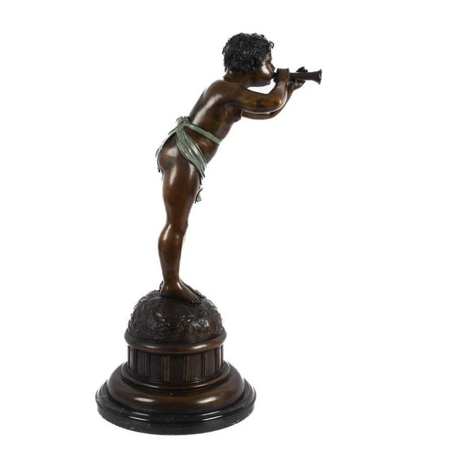 Antique Bronze Boy Figure Blowing a Bugle on Marble Base – Classical Figural Sculpture For Sale - Image 4 of 8