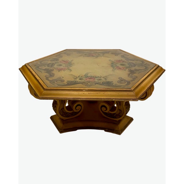 Vintage Italian Florentine Hexagon Coffee Table Hand Painted Gold Gilt Hollywood Regency For Sale - Image 9 of 14