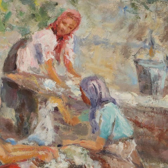 Elena Bagnati, Scene with Women at the Washhouse, Oil Painting on Canvas, Framed For Sale - Image 4 of 12