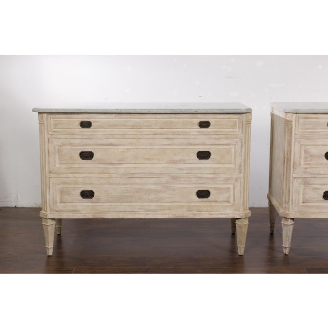 Beige Pair of French Neoclassical Style 1930s Painted Chests with Marble Tops For Sale - Image 8 of 12