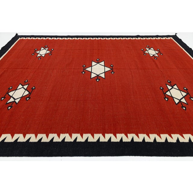 Red 9x12 Modern Navajo Style Flatweave Red Wool Area Rug - Geometric Star & Diamond For Sale - Image 8 of 11