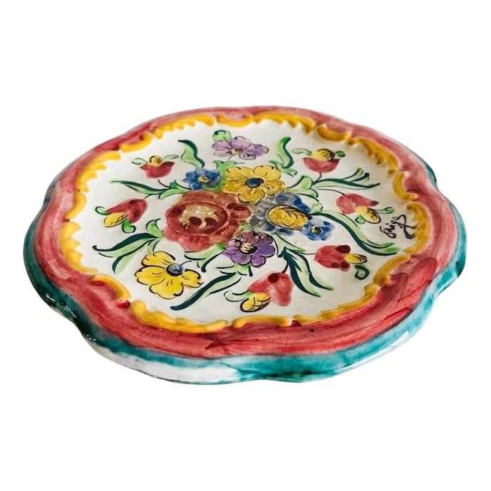 Mid-Century Hand-Painted Floral Majolica Plate from Rigo, 1950s | Chairish