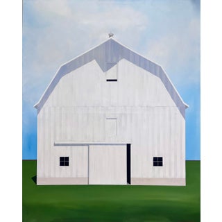 Down in the Valley by Justin Wheatley | Acrylic on Canvas White Barn in Green Field For Sale