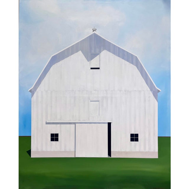 Down in the Valley by Justin Wheatley | Acrylic on Canvas White Barn in Green Field For Sale