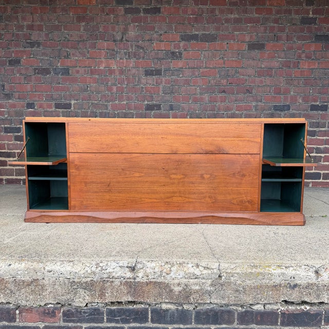 Wood American Studio Robert Whitley Studio Credenza – Mixed Wood W/ Teal Interior, Sculptural Case and Pulls Finished on Both Sides For Sale - Image 7 of 12