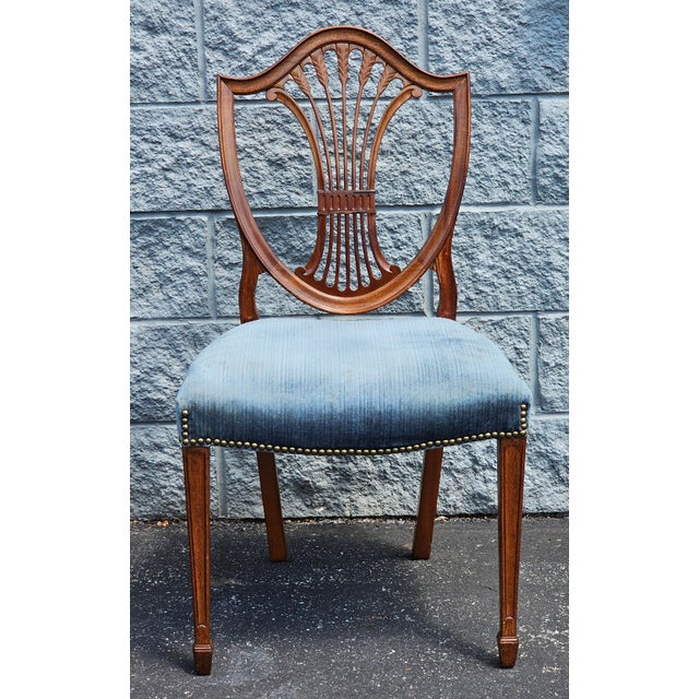 Pair Hepplewhite Style Mahogany and Upholstered Shield Back Side Chairs For Sale - Image 12 of 12