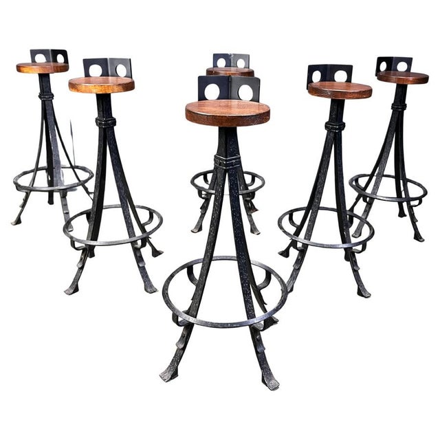 Vintage Brutalist Wrought Iron Bar Stools, 1970s, Set of 6 For Sale - Image 17 of 17