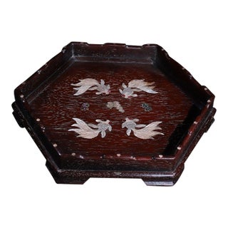 Late 19th Century Hexagonal Wood Tray With Mother-of-Pearl Goldfish Inlay For Sale
