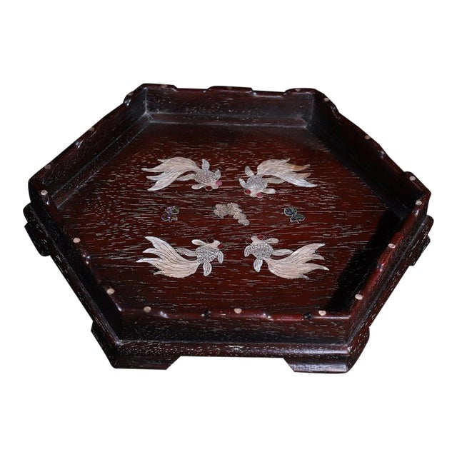 Late 19th Century Hexagonal Wood Tray With Mother-of-Pearl Goldfish Inlay For Sale