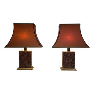 1970s Mid Century Modern Chinese Wood and Gilt Metal with Pagoda Shade Table Lamps - a Pair For Sale