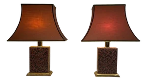 1970s Mid Century Modern Chinese Wood and Gilt Metal with Pagoda Shade Table Lamps - a Pair