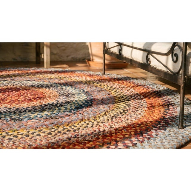 1930s Multi Background Wtih Folk Art Styles Round Antique American Braided Rug For Sale - Image 13 of 15