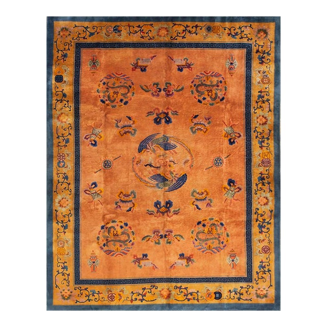 1920s Orange Dragon Medallion Antique Chinese Art Deco Carpet 8'10'' X 11'5'' Knotted Wool Rug For Sale