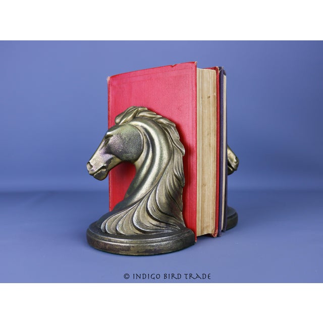 1930s Antique Pair of Art Nouveau Metal Horse Head Bookends For Sale - Image 4 of 11