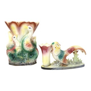 Vintage Mid-Century Iridescent Pheasant Ceramic Vases — Matched Pair For Sale