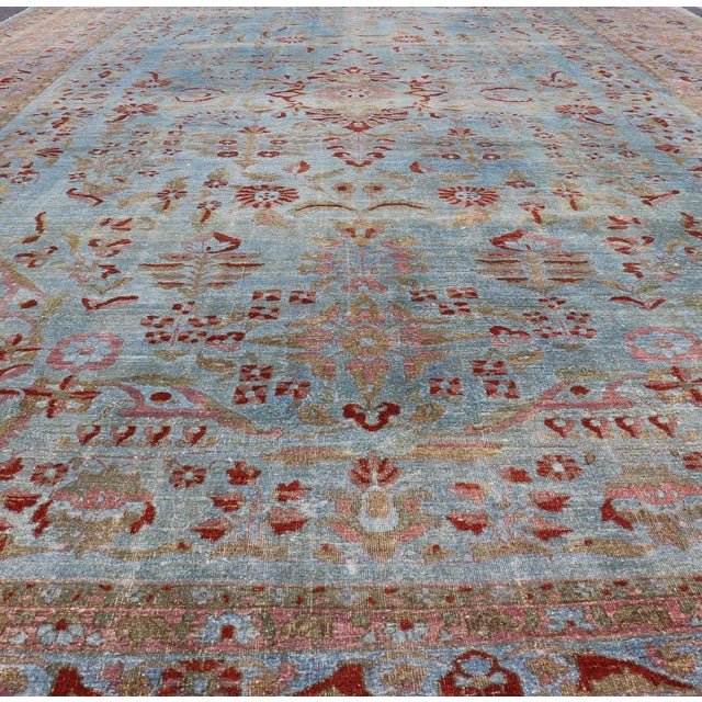Traditional Blue Background Antique Persian Mohajerah Rug With Salmon, Blue, Green, and Red For Sale - Image 3 of 15