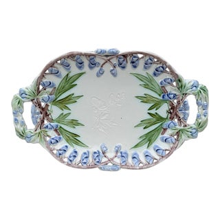 1900s Villeroy & Boch Large Majolica Oval Handled Purple Flowers Platter For Sale
