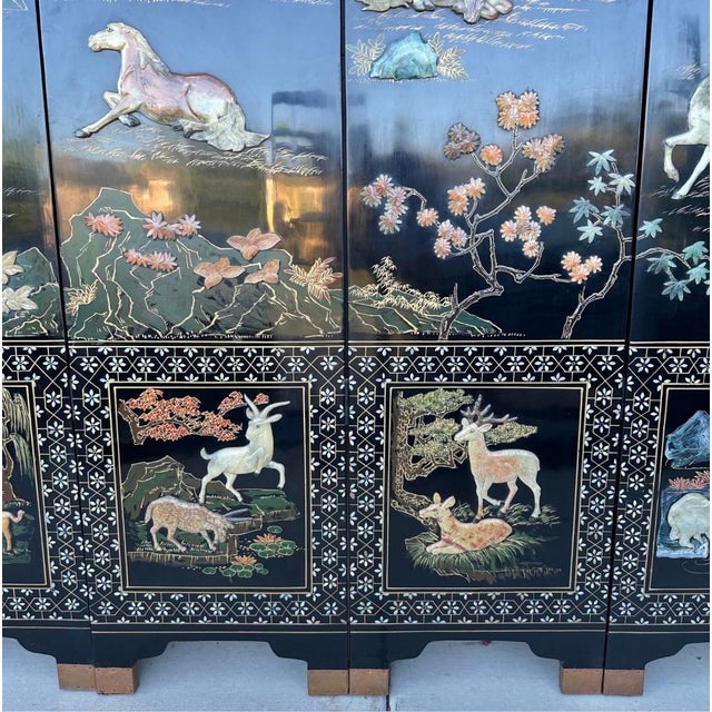 Rare Large 6 Panel Chinese Wild Horses Abalone & Hardstone Inlaid Folding Screen Rare For Sale In San Diego - Image 6 of 18
