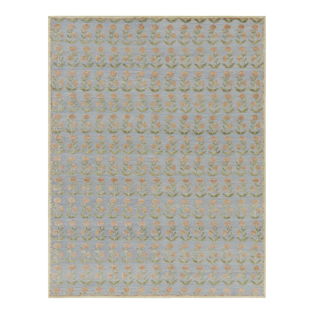 Rug & Kilim’s Block Print Rug Design with Brown and Green Floral Patterns - 10x14 For Sale